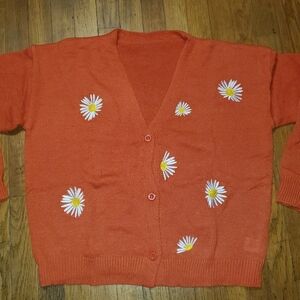 Tangerine Orange Cardigan with White Daisies